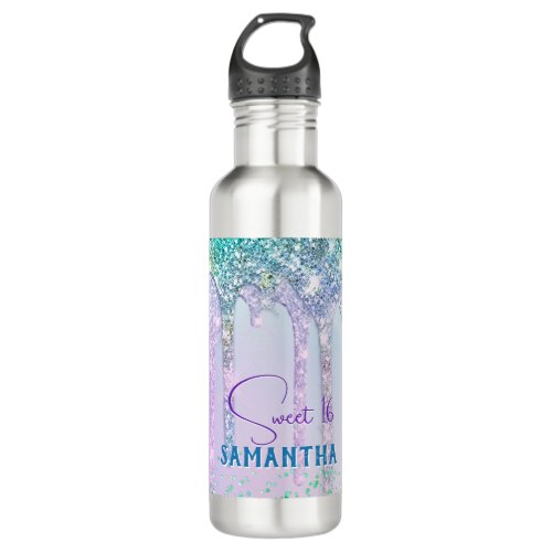 Chic aqua Unicorn Glitter birthday monogram Stainless Steel Water Bottle