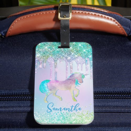 Chic aqua Unicorn Glitter Drips monogram Luggage Tag