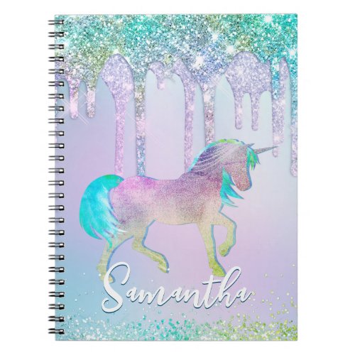 Chic aqua Unicorn Glitter Drips monogram Notebook