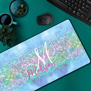 Chic aqua Unicorn Glitter sparkles monogram Desk Mat