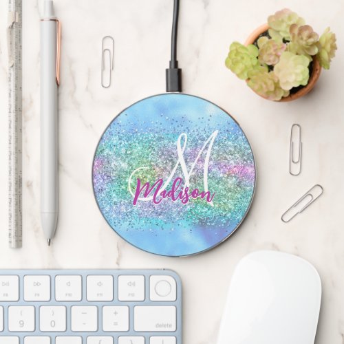 Chic aqua Unicorn Glitter sparkles monogram Wireless Charger