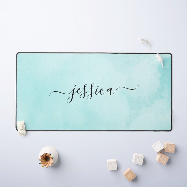 Chic Aqua Watercolor Calligraphy Script Desk Mat (Creator Uploaded)