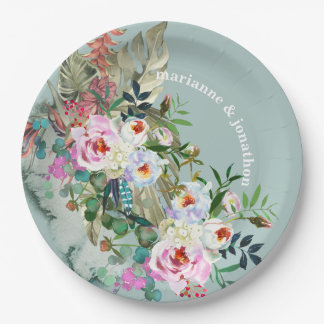 Chic Aquamarine Personalized Floral Eucalyptus Paper Plates