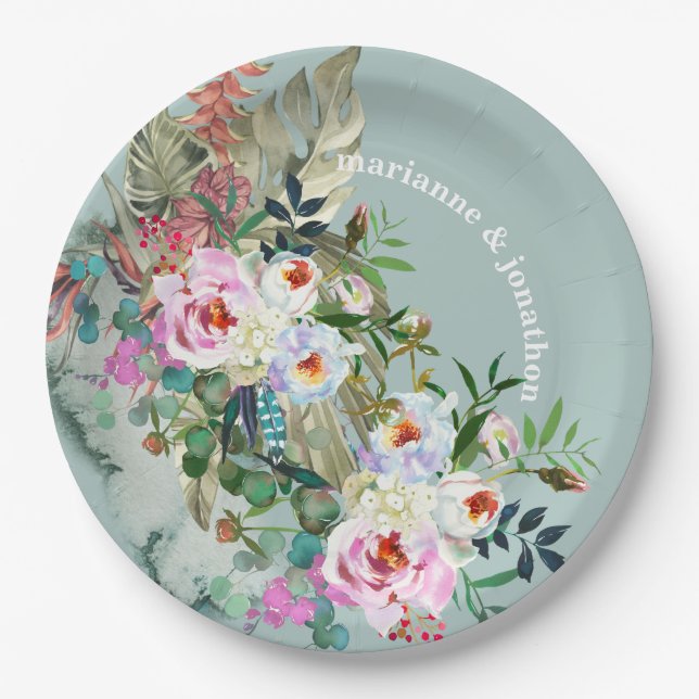 Chic Aquamarine Personalized Floral Eucalyptus Paper Plates (Front)