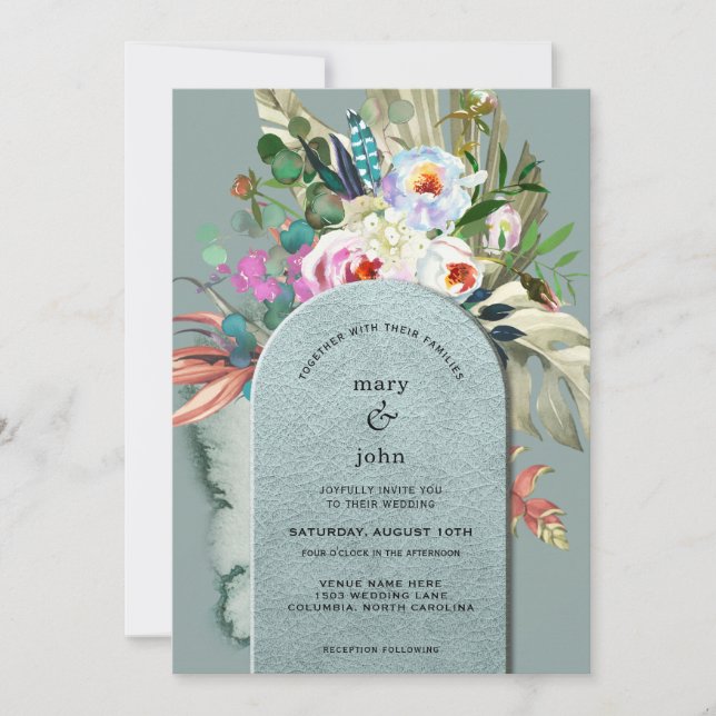 Chic Aquamarine Teal Eucalyptus Arch Invitation (Front)