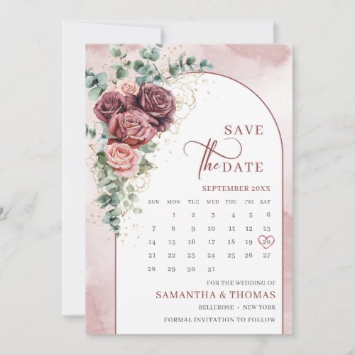 Chic arch blush marron roses floral eucalyptus save the date
