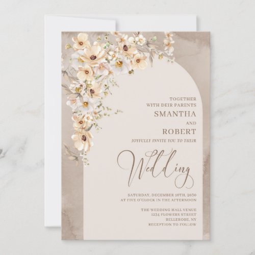Chic arch neutral wildflowers ivory brown wedding invitation
