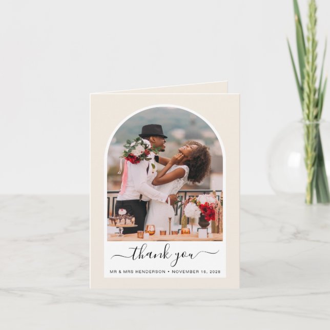 Chic Arch Photo Cream Wedding Thank You Card (Front)