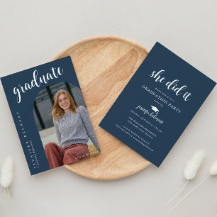 Chic Arch Photo She did it Hat Tassel Graduation Invitation