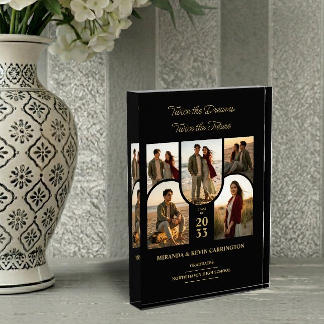 Chic Arched Collage Double Grads Twins TMF26 Photo Block (Stylish Double Graduation Acrylic Photo Block with Five Arched Photo Placeholders and Luxury Gold.)