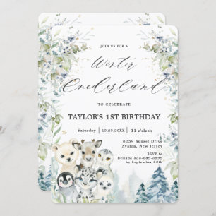 Chic Arctic Animals Winter Onederland 1st Birthday Invitation