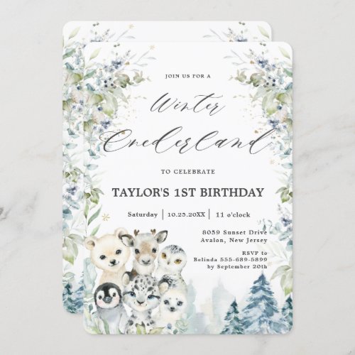 Chic Arctic Animals Winter Onederland 1st Birthday Invitation