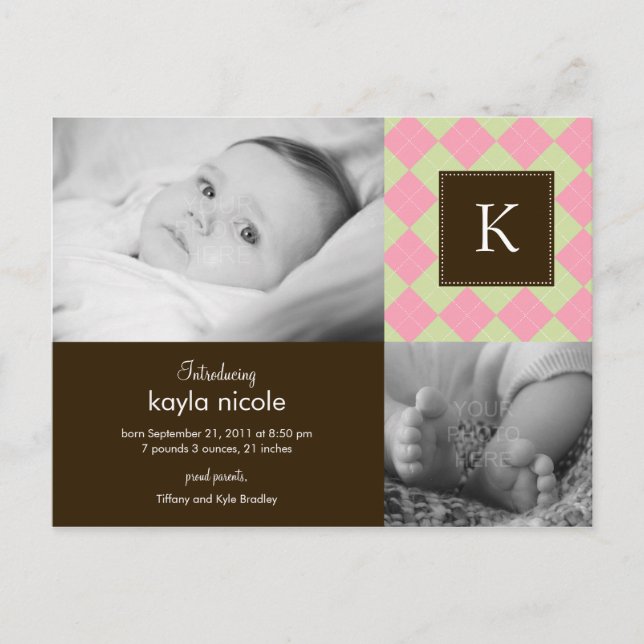 Chic Argyle Baby Girl Birth Announcement (Front)
