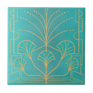 Chic Art deco aqua blue fountain tile with palms