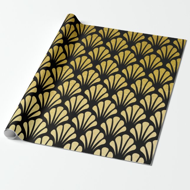 Chic Art Deco Fan Pattern Black & Faux Gold Foil Wrapping Paper (Unrolled)
