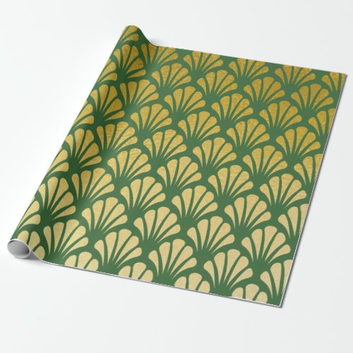Chic Art Deco Fan Pattern Emerald  Faux Gold Foil Wrapping Paper