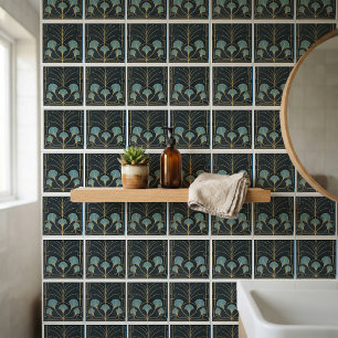 Chic Art deco fountain tile with teal blue palms