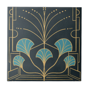 Chic Art deco fountain tile with teal blue palms