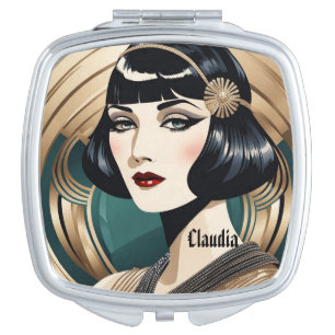 Chic Art Deco Girl with headband, 1920s. Editable Compact Mirror