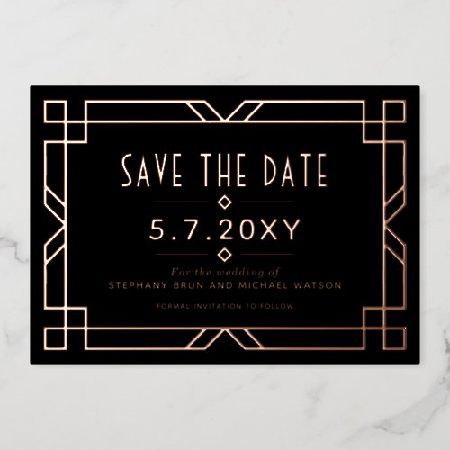 Chic Art Deco Save the Date Black Rose Gold Card