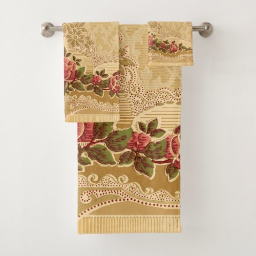 Chic Art Nouveau Gold and Red Floral Bath Towel Set