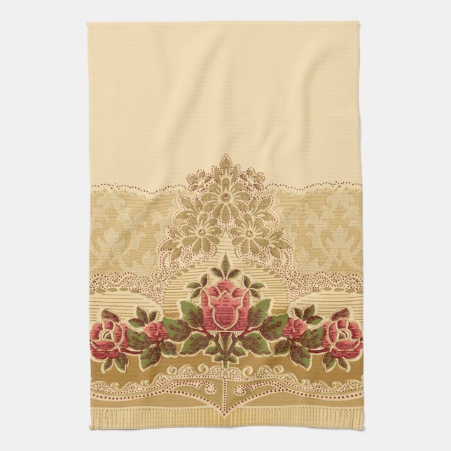 Chic Art Nouveau Gold and Red Floral Kitchen Towel (Vertical)