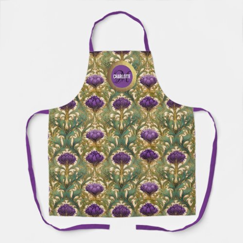Chic art nouveau purple gold thistle monogram name apron