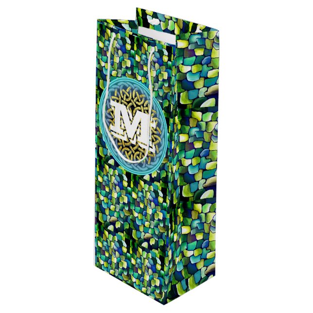 Chic Artistic Contemporary Green Pattern Wine Gift Bag (Front Angled)