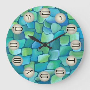 Chic Artistic Green Artdeco Pattern in Watercolor Large Clock