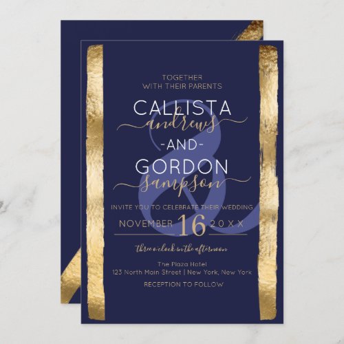 Chic Artsy Navy Gold Brushstroke Frame Wedding Invitation