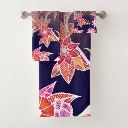 Chic Artsy Orange Blue Floral Rose Gold Glitter Bath Towel Set