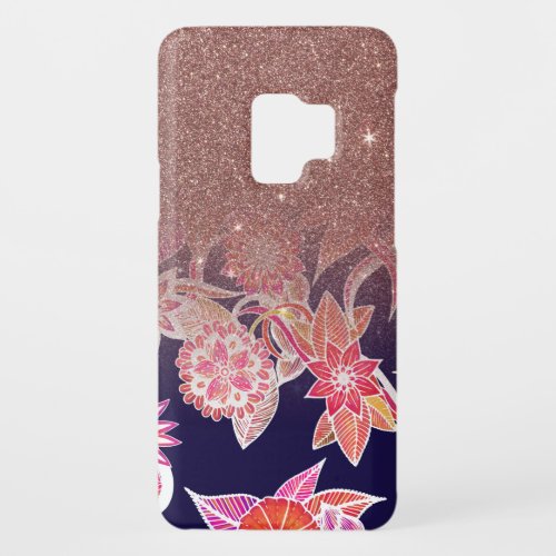 Chic Artsy Orange Blue Floral Rose Gold Glitter Case_Mate Samsung Galaxy S9 Case