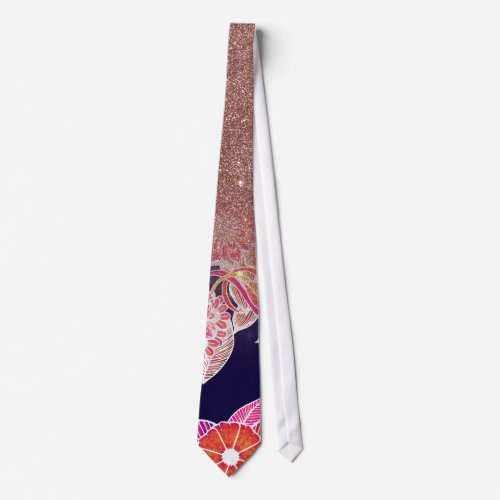 Chic Artsy Orange Blue Floral Rose Gold Glitter Neck Tie