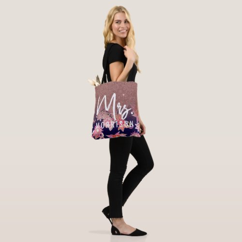 Chic Artsy Orange Blue Floral Rose Gold Glitter Tote Bag