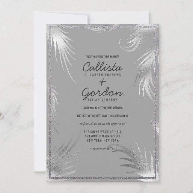 Chic Artsy Silver Gray Leaf Glitter Border Wedding Invitation (Front)