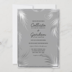 Chic Artsy Silver Gray Leaf Glitter Border Wedding Invitation
