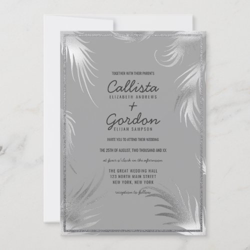 Chic Artsy Silver Gray Leaf Glitter Border Wedding Invitation
