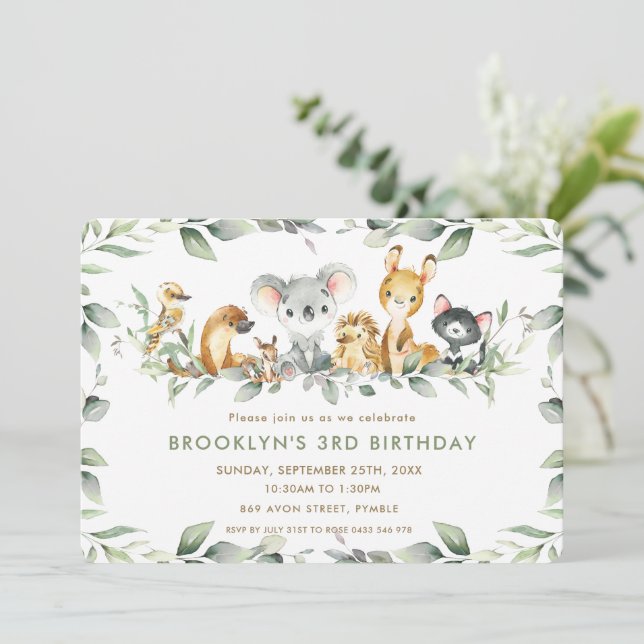 Chic Australian Animals Greenery Birthday Boy Girl Invitation (Standing Front)