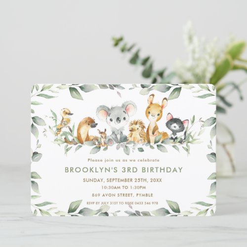 Chic Australian Animals Greenery Birthday Boy Girl Invitation