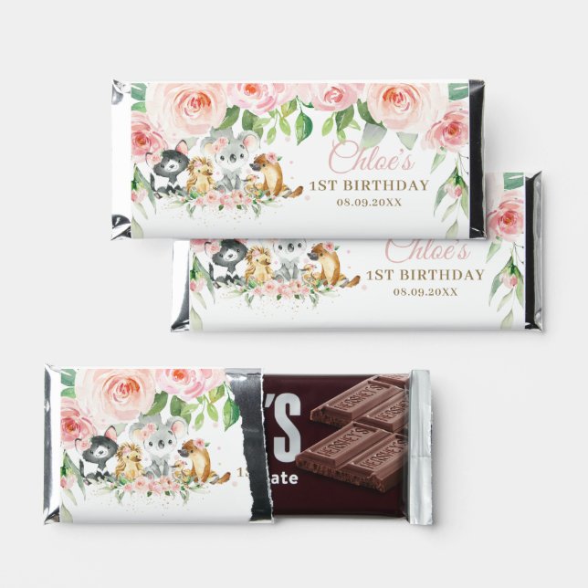 Chic Australian Animals Pink Floral Koala Birthday Hershey Bar Favors (Front)