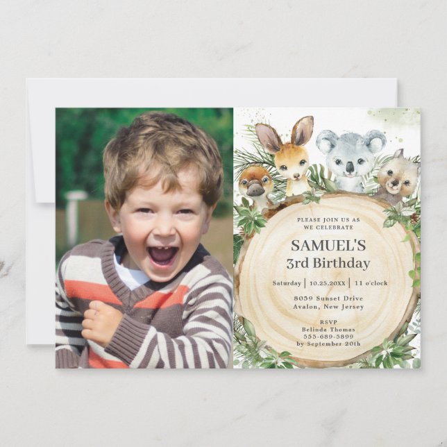 Chic Australian Animals Rustic Wood Birthday Photo Invitation (Front)