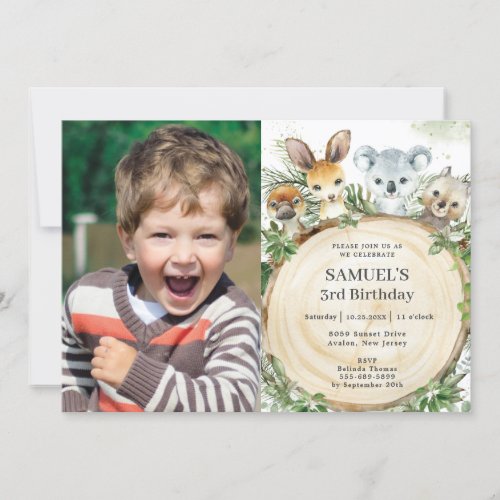 Chic Australian Animals Rustic Wood Birthday Photo Invitation