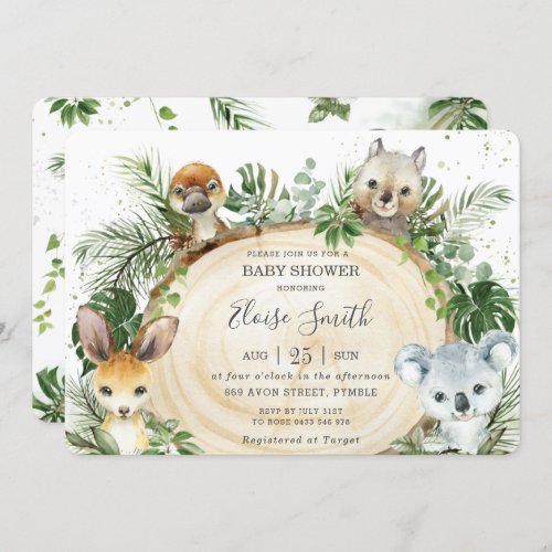 Chic Australian Animals Wood Greenery Baby Shower  Invitation