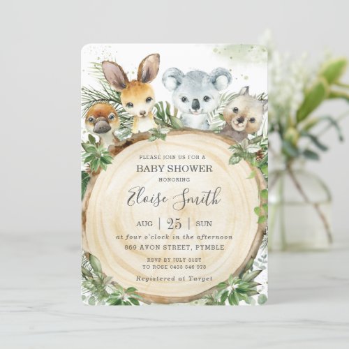 Chic Australian Animals Wood Greenery Baby Shower  Invitation