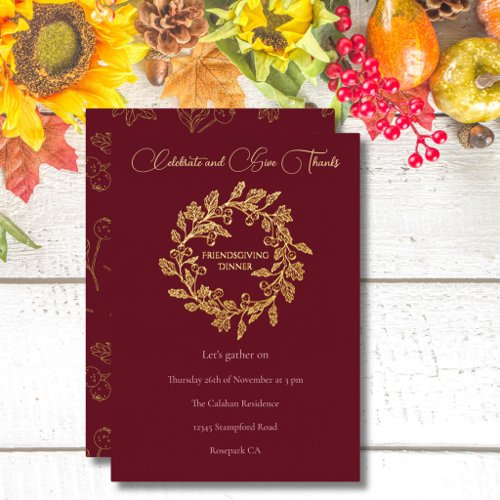 Chic Autumn Berry Wreath Dark Wine Friendsgiving Foil Holiday Card