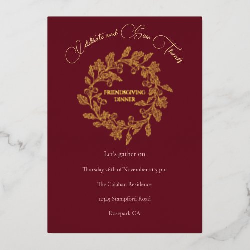 Chic Autumn Berry Wreath Dark Wine Friendsgiving Foil Holiday Card