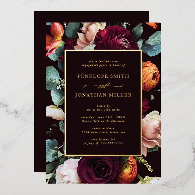 Chic Autumn Eucalyptus Floral Engagement Party Foil Invitation (Front/Back)