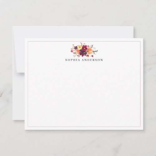Chic Autumn Fall Burgundy Orange Floral Watercolor Note Card