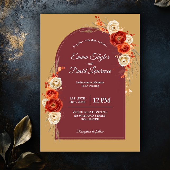 Chic Autumn Fall Floral Orange Terracotta Wedding Invitation (Creator Uploaded)