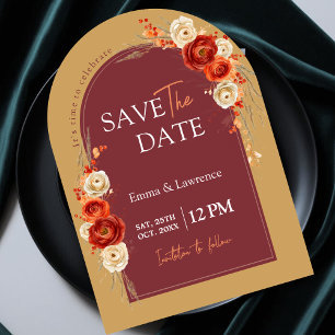 Chic Autumn Fall Floral Orange Terracotta Wedding Save The Date